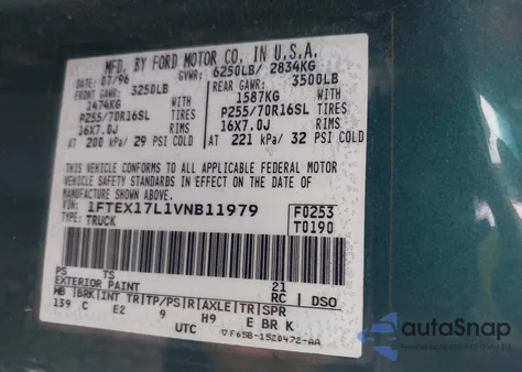 1997 Ford F-150 Lariat/Xl/Xlt from USA, damaged, VIN 1FTEX17L1VNB11979